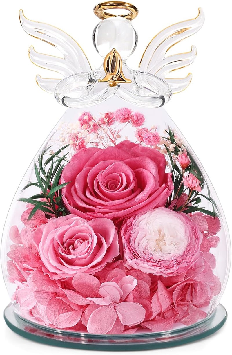 Bessol Birthday Gifts for Women Mom Preserved Roses in Glass Angel Figurines Flowers for Delivery Forever Flowers Eternal Rose Valentines Day for Grandma Sister Wife Her from Daughter - Image 1